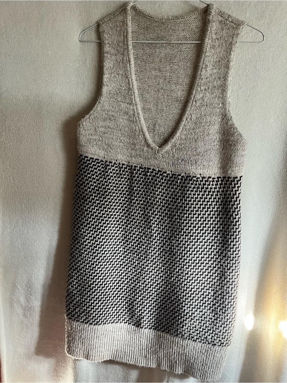 Knit V-Neck Sleeveless Sweater Dress in Taupe and brown